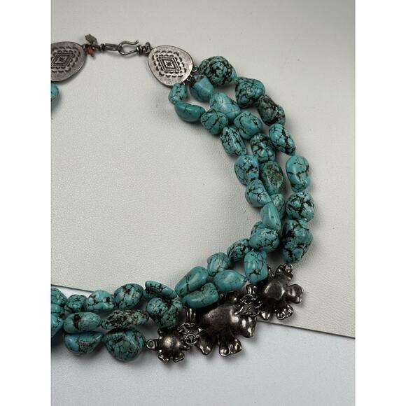 Lucky Brands Faux Turquoise Necklace 19" Triple Strand Flower Statement - Picture 6 of 11